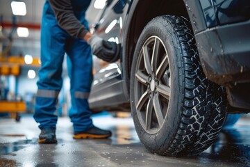 A hard-working mechanic in blue overalls carefully tends to the worn tread of a car tire, their sturdy footwear planted firmly on the ground as they diligently clean the auto part, a symbol of their 
