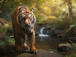 Obraz premium Regal Presence: A Majestic Tiger Standing Tall in the Enchanting Forest