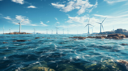 Offshore wind farm, Windmill park in the ocean aerial view with wind turbine, Renewable energy eco.