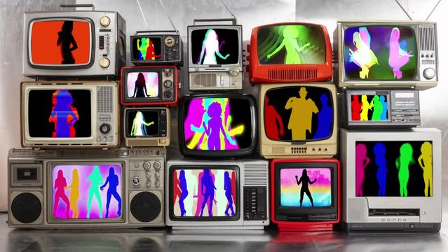 vintage television collection wall with shadow dancers