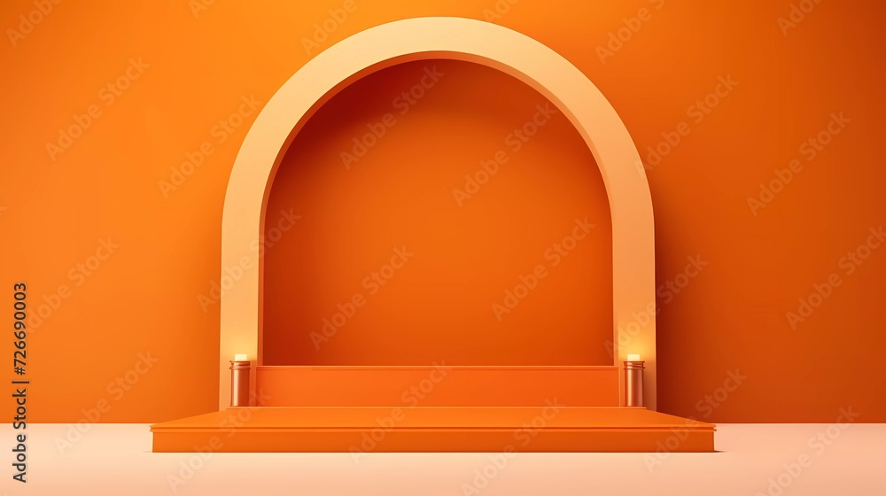 Poster 3d illustration islamic theme product display background in minimal orange design. mosque portal fra
