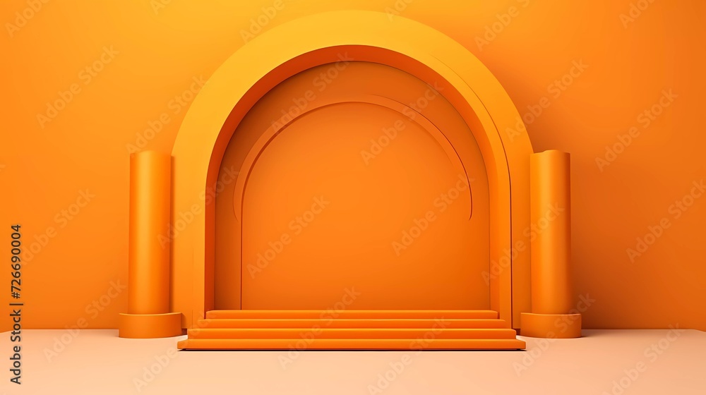 Poster 3d illustration islamic theme product display background in minimal orange design. mosque portal fra