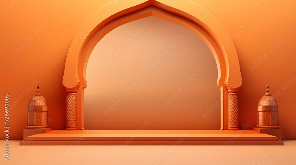 Poster 3d illustration islamic theme product display background in minimal orange design. mosque portal fra