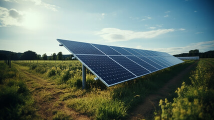 Solar panels on a field with green grass and flowers