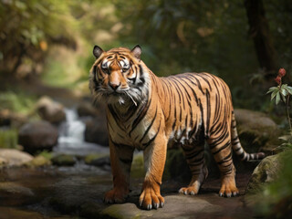 Fototapeta premium Regal Presence: A Majestic Tiger Standing Tall in the Enchanting Forest