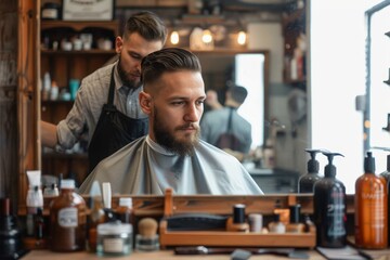 Fototapeta premium A dapper man sits in a bustling barber shop, his human face framed by the sleek wall as the skilled barber deftly cuts away at his hair, all while a bottle of aftershave sits nearby