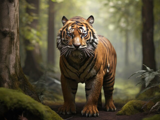 Fototapeta premium Regal Presence: A Majestic Tiger Standing Tall in the Enchanting Forest