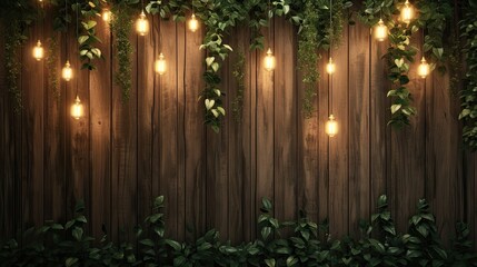 Fototapeta premium a wood wall adorned with warm bulb lights, creating a cozy and inviting atmosphere in a living space or cafe setting.