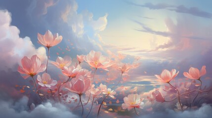 Fototapeta na wymiar Pink flowers in the clouds