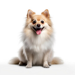 Spitz dog sitting in front of white wall AI Generated