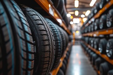 A display of tires, crafted from both synthetic and natural rubber, neatly lined on a shelf in an indoor setting, evoking a sense of parked automotive perfection - obrazy, fototapety, plakaty