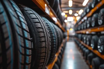 Foto op Plexiglas A display of tires, crafted from both synthetic and natural rubber, neatly lined on a shelf in an indoor setting, evoking a sense of parked automotive perfection © LifeMedia