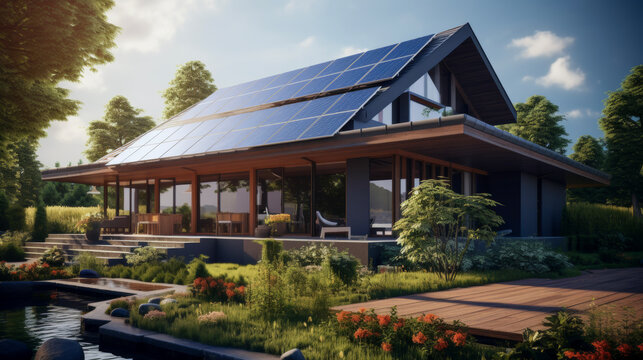photovoltaic system on the roof new suburban house modern eco friendly passive house with solar panels on the gable roof climate renewable energy
