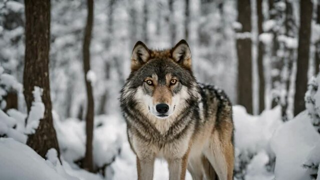 Wolf, Canis Lupus, Gray Wolf In Winter Forest Close Slow Motion Portrait