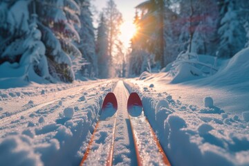 Amidst the tranquil winter landscape, a pair of skis await their journey through the frozen forest, leaving tracks in the fresh snow as they glide down the majestic mountain