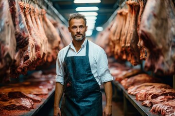 A solitary figure in a bloody slaughterhouse, surrounded by hanging meat and the pungent smell of curing animal flesh, carves away at the raw cuts while clad in stained clothing, embodying the brutal - obrazy, fototapety, plakaty