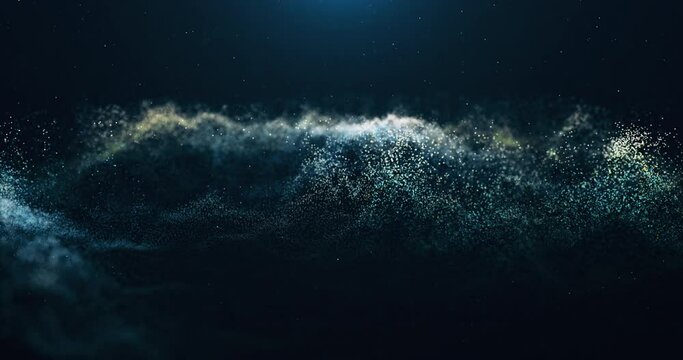 Abstract Blue Particles. Smooth Particles Waving And Dark Background.	
