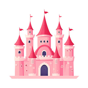 pink princess castle on transparent background. cute flat minimalist cartoon.  PNG file. AI generated