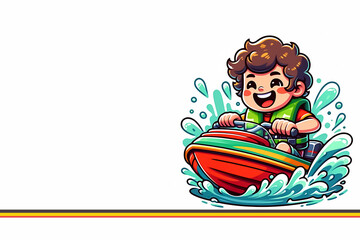 Cartoon Illustration: Kid Boy Enjoying a Motorboat Ride, Boy Having Fun on a Boat: Cartoon Clip Art, Water Adventure Poster with Boy on Motorboat,  Water Adventure on a Motorboat