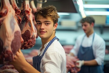 A skilled butcher, his face hidden beneath a stained apron, delicately handles slabs of animal flesh in the dimly lit slaughterhouse