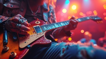 Musician Performing Electric Guitar on Stage - obrazy, fototapety, plakaty