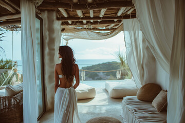 vacances paradisiaques, femme sur terrasse privée, style Bali, naturel, blanc, bois, lin, voiles - obrazy, fototapety, plakaty