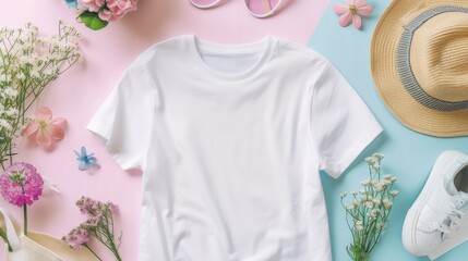 a white t-shirt mockup featuring a blank shirt template, adorned with vibrant spring accessories against a soft pastel background, perfect for conveying a fresh and seasonal style.