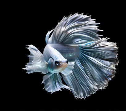 amazing bright white silver Betta fish male posing against black background. close up. studio shot. Ai generated