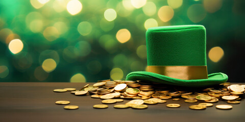 Green leprechaun hat and coins on a wooden tabletop against festive Saint Patrick's day party bokeh background. - obrazy, fototapety, plakaty