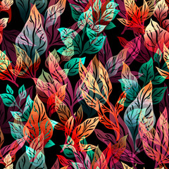 Stylized abstract seamless pattern with leaves and branches for fabric design, packaging and wallpaper.