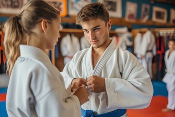 Obraz premium Two martial arts masters, dressed in flowing white robes, engage in a fierce and graceful combat sport, their black belts gleaming in the indoor light as they display their mastery of judo, kung fu, 