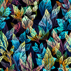 Stylized abstract seamless pattern with leaves and branches for fabric design, packaging and wallpaper.