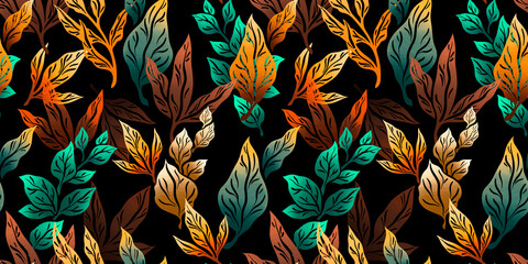 Stylized abstract seamless pattern with leaves and branches for fabric design, packaging and wallpaper.
