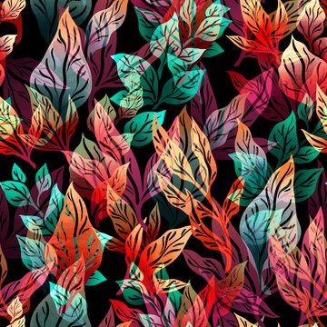 Stylized abstract seamless pattern with leaves and branches for fabric design, packaging and wallpaper.