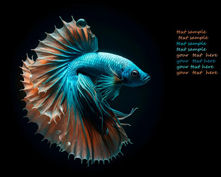 amazing bright azur color  Betta fish male with long tail and fins posing against black background. close up. studio shot. Ai generated