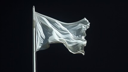 blank white flag on a flagpole, isolated against a stark black background, conveying a sense of simplicity and purity in its symbolism.