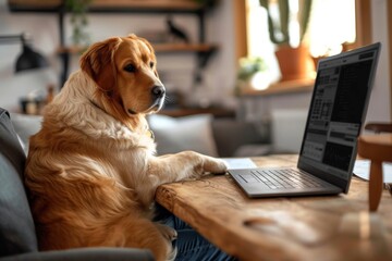 A diligent dog working from home on his laptop, taking a break from his usual outdoor activities to catch up on emails and spreadsheets