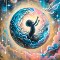 The birth of the crystal Children Starseed in the cosmic womb. Pastel illustration. AI generative.