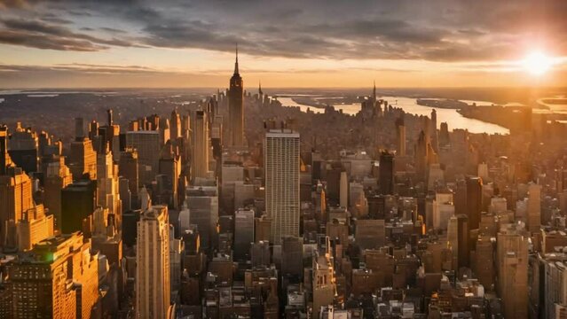 Aerial View Sunrise At New York City And Sun flares 4K Midtown Sunrise