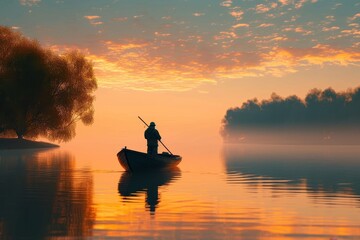 As the sun sets behind a backdrop of clouds and trees, a lone figure paddles their canoe on the tranquil waters of the lake, surrounded by the beauty of nature