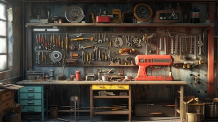 the old tools hanging on the wall, with a vintage garage style setting that evokes craftsmanship and history.