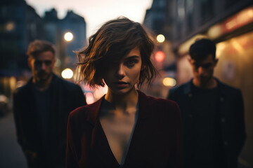 Girl and two lads go along the night city