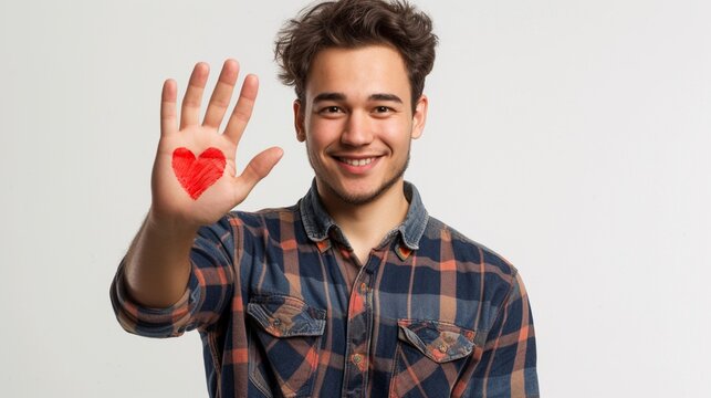 Young handsome man in casual shirt over gray background Waiving saying hello with cute red heart painted on the palm, happy and smiling, Valentine's surprise idea, show love, copy space.