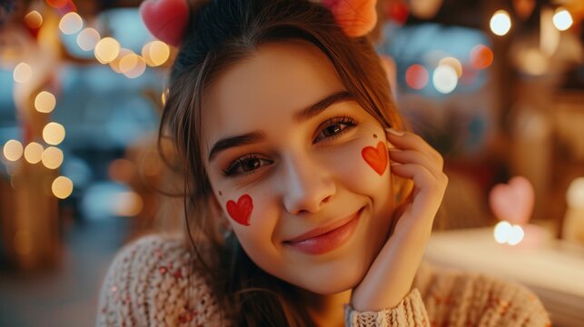 Close up portrait of a cute beautiful smiling young woman with red hearts painted on the cheek, expecting the Valentine's party and event.