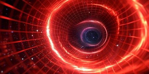Abstract red grid tunnel or wormhole, futuristic 3d portal. Cosmic wormhole. Funnel-shaped tunnel. Spiral Technology. 