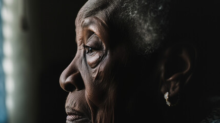 Close up side profile image of a black elderly woman suffering from loneliness of dementia alzheimers mental disorder, degenerative disease - obrazy, fototapety, plakaty