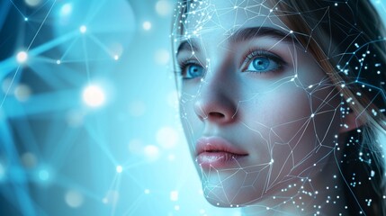 Futuristic and technological scanning of the face of a beautiful woman for facial recognition and scanning to ensure personal safety.  - obrazy, fototapety, plakaty