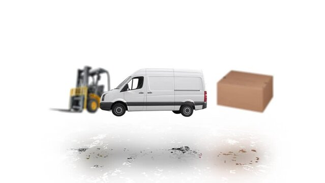 Animated rotation of cargo ship, forklift, box and cargo vehicle. International logistics and transportation industry