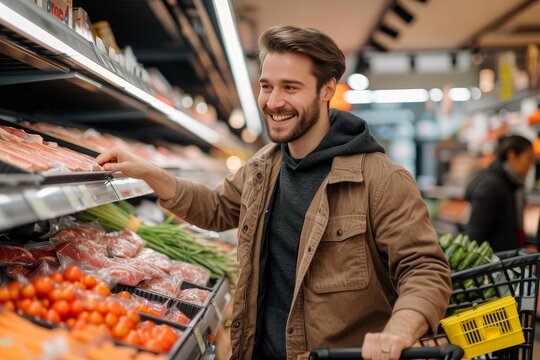 A content man in casual clothing stands in the bustling grocery store, surrounded by an abundance of fresh produce and natural foods, representing the connection between retail trade and whole food c