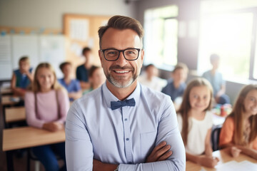 Portrait happy confident young man teacher of elementary school kids on background classroom with children, sunlight - obrazy, fototapety, plakaty